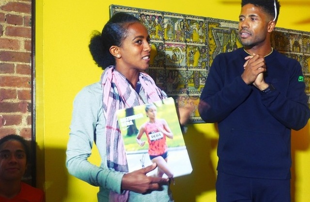 Buzunesh Deba Greets  Nike NYC Runners at Queen of Sheba Restaurant